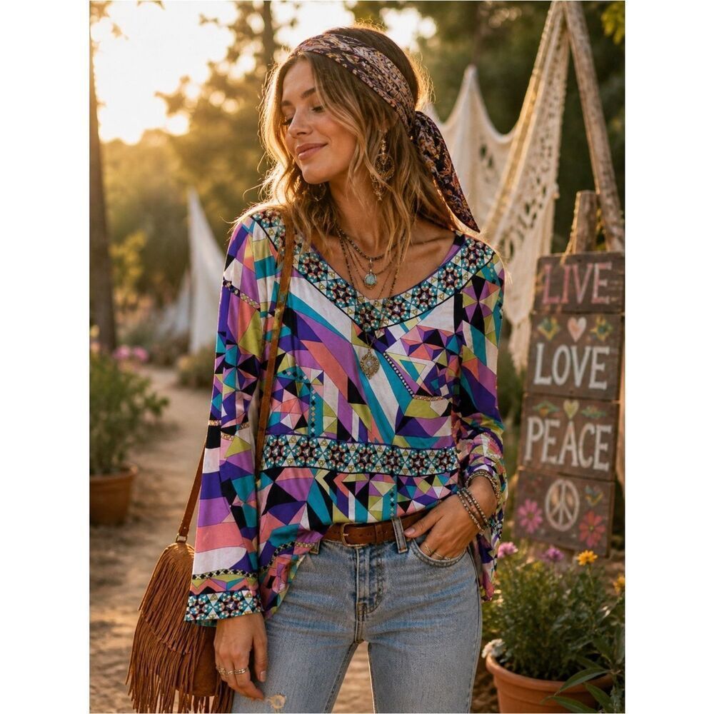 Emilio Pucci Purple Bohemian Multi Geometric V‑Neck Long Sleeve Tunic 100% silk